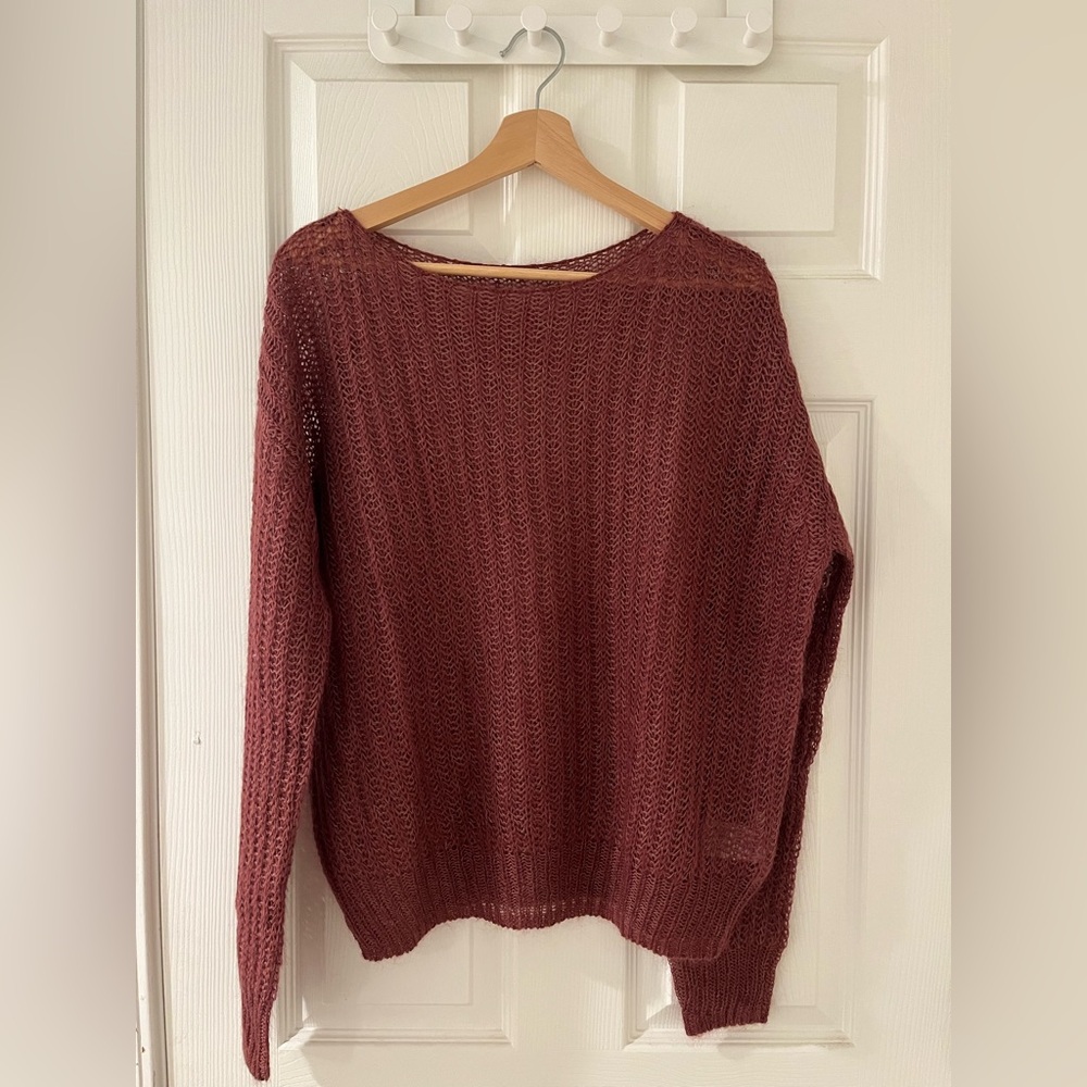 Women's Open Knit Scoop-Neck Sweater in Wine